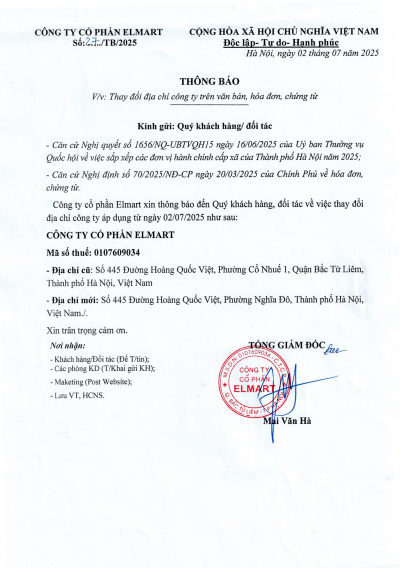 THÔNG BÁO QUAN TRỌNG: THAY ĐỔI ĐỊA CHỈ CÔNG TY CỔ PHẦN ELMART